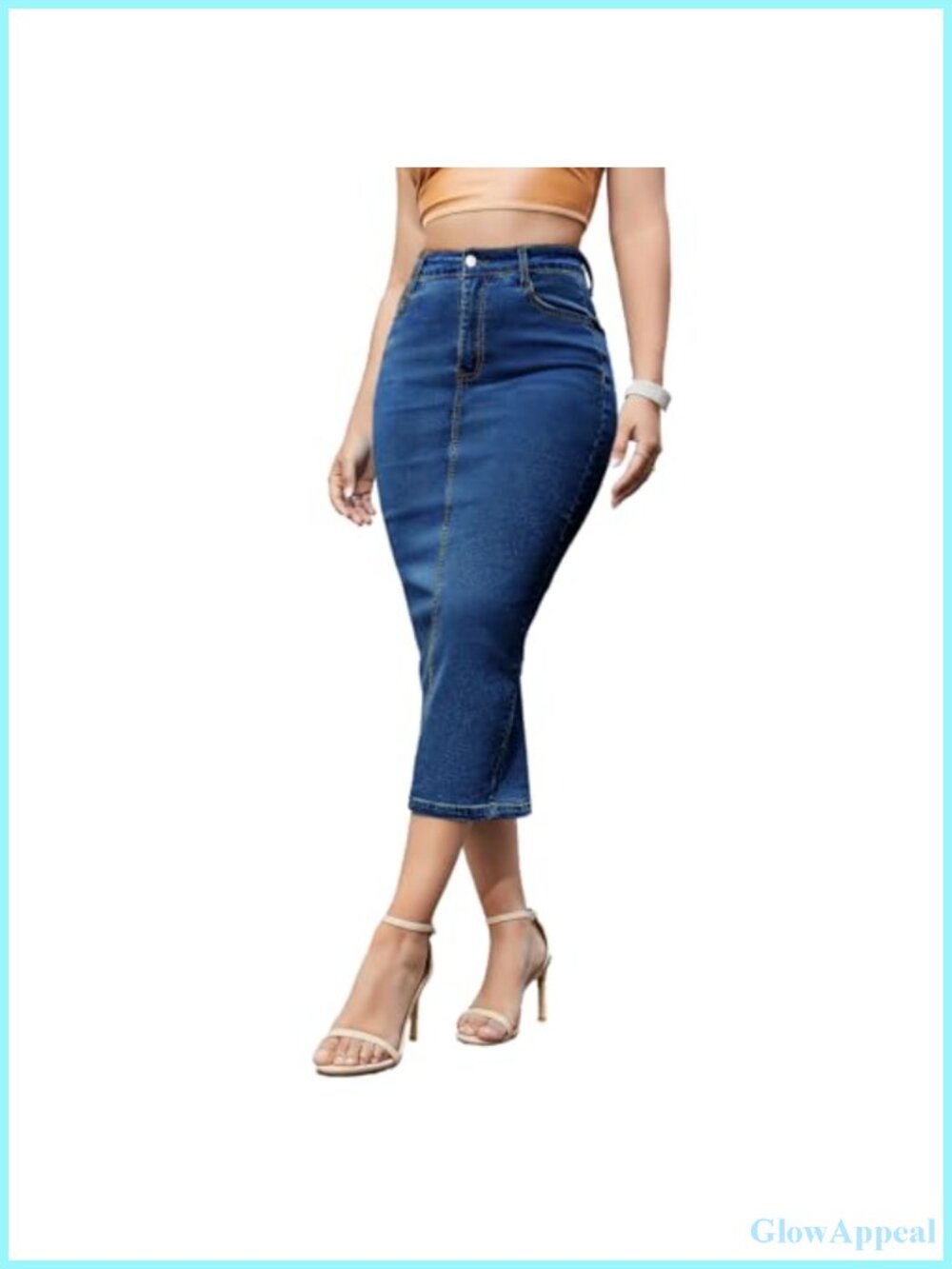 Women's Stretch Denim Midi Pencil Skirt Back Slit 5-Pocket Jean Skirt